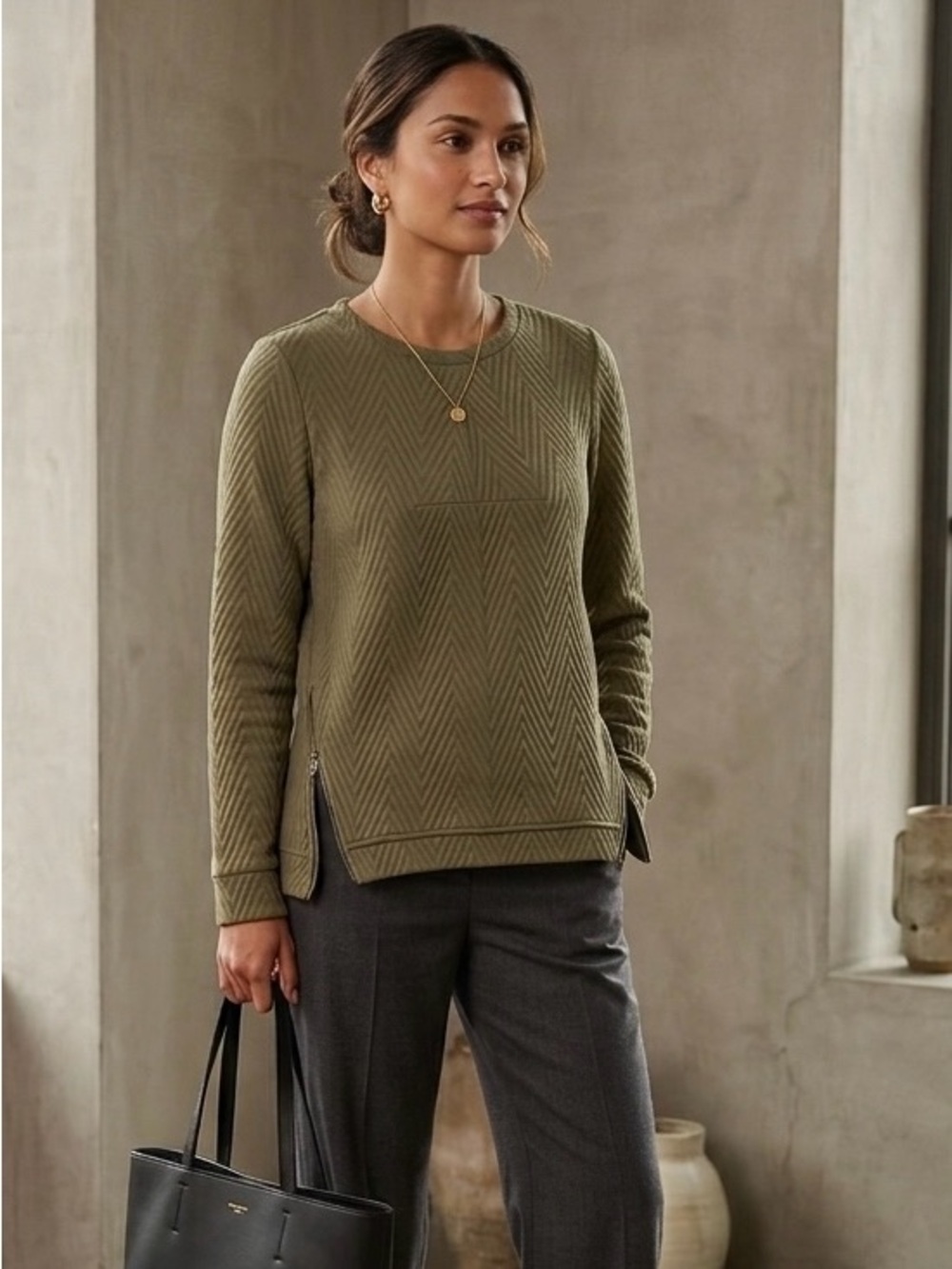 Tibi Olive Green Chevron Textured Sweatshirt with Side Zippers - SZ 8/M